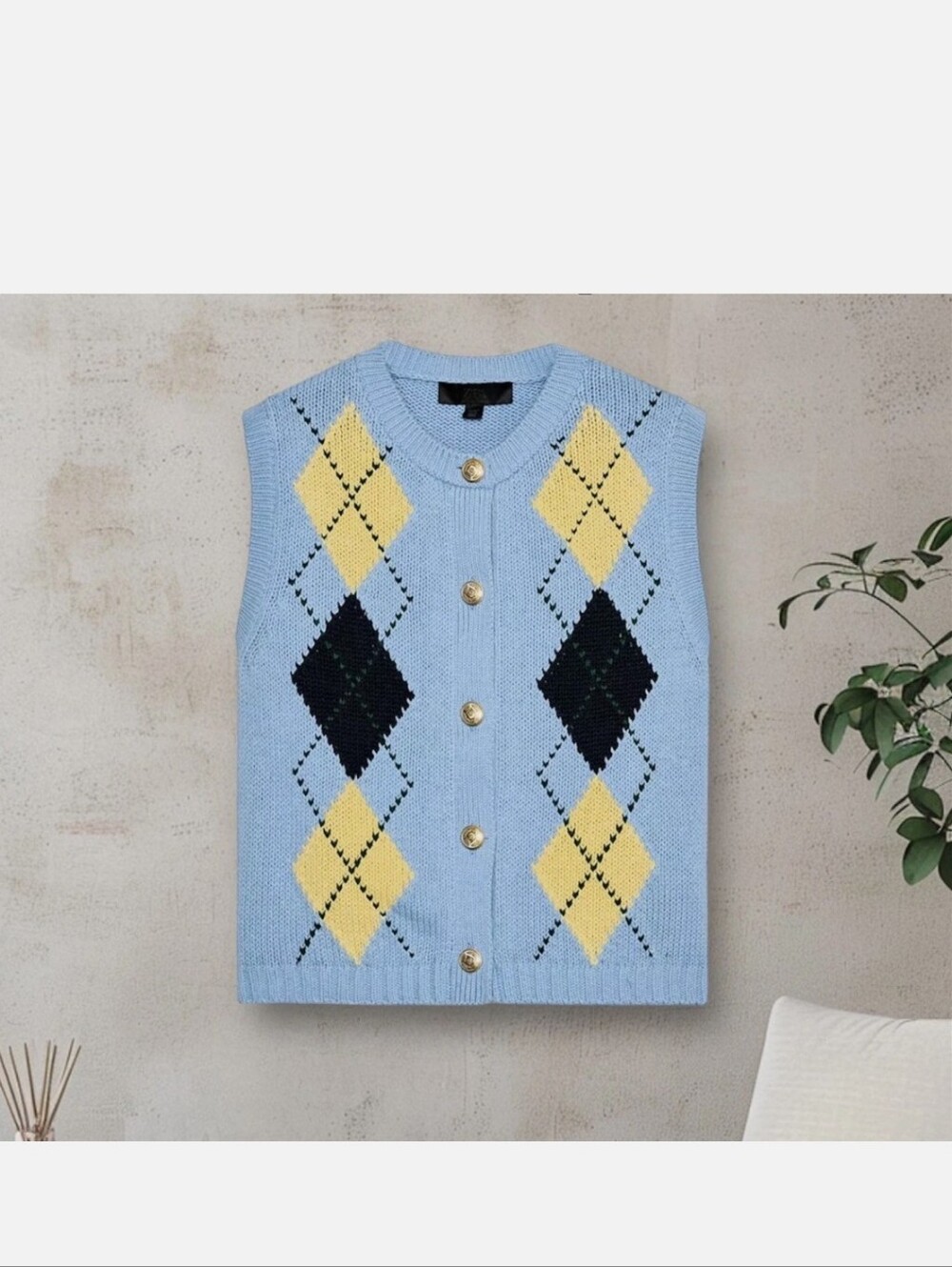 NWT ZARA Light Blue Argyle Knit Vest with Gold Buttons- SIZE LARGE